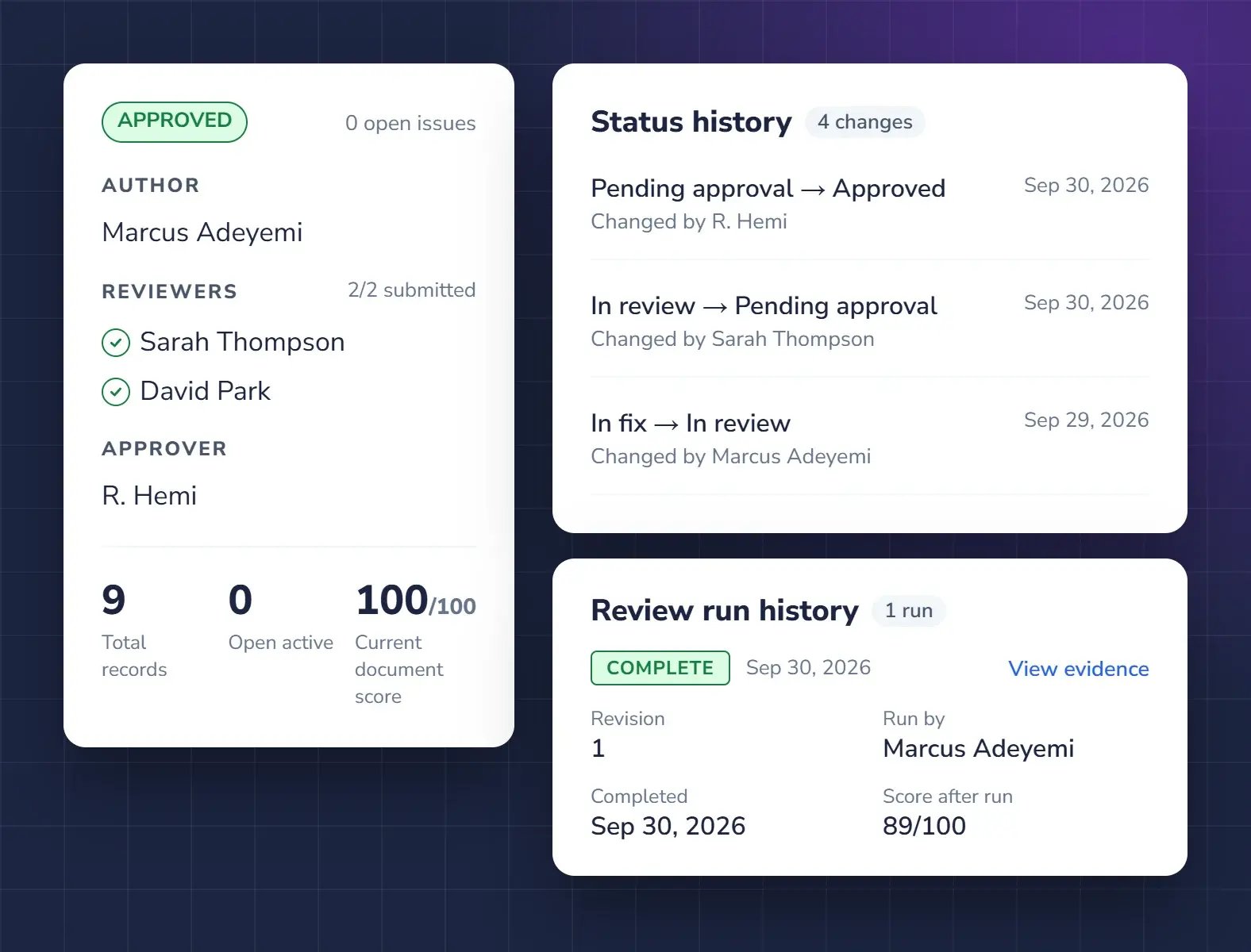 The Qrtr approval status for a report, with its author, two reviewers and approver, beside the Issue Register status history and review run history.