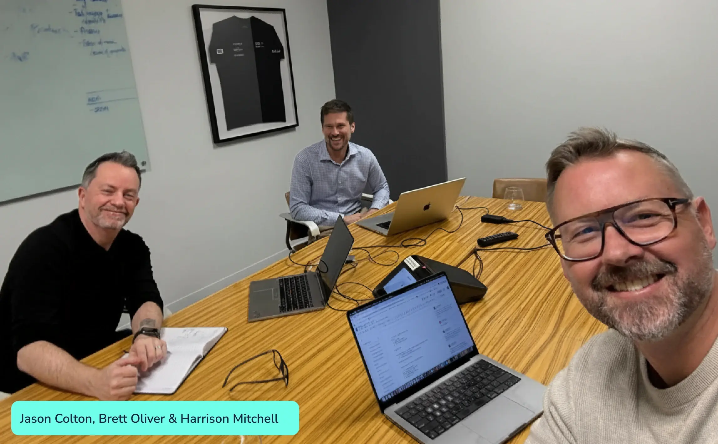 Jason Colton, Brett Oliver and Harrison Mitchell at the first Qrtr founders meeting.