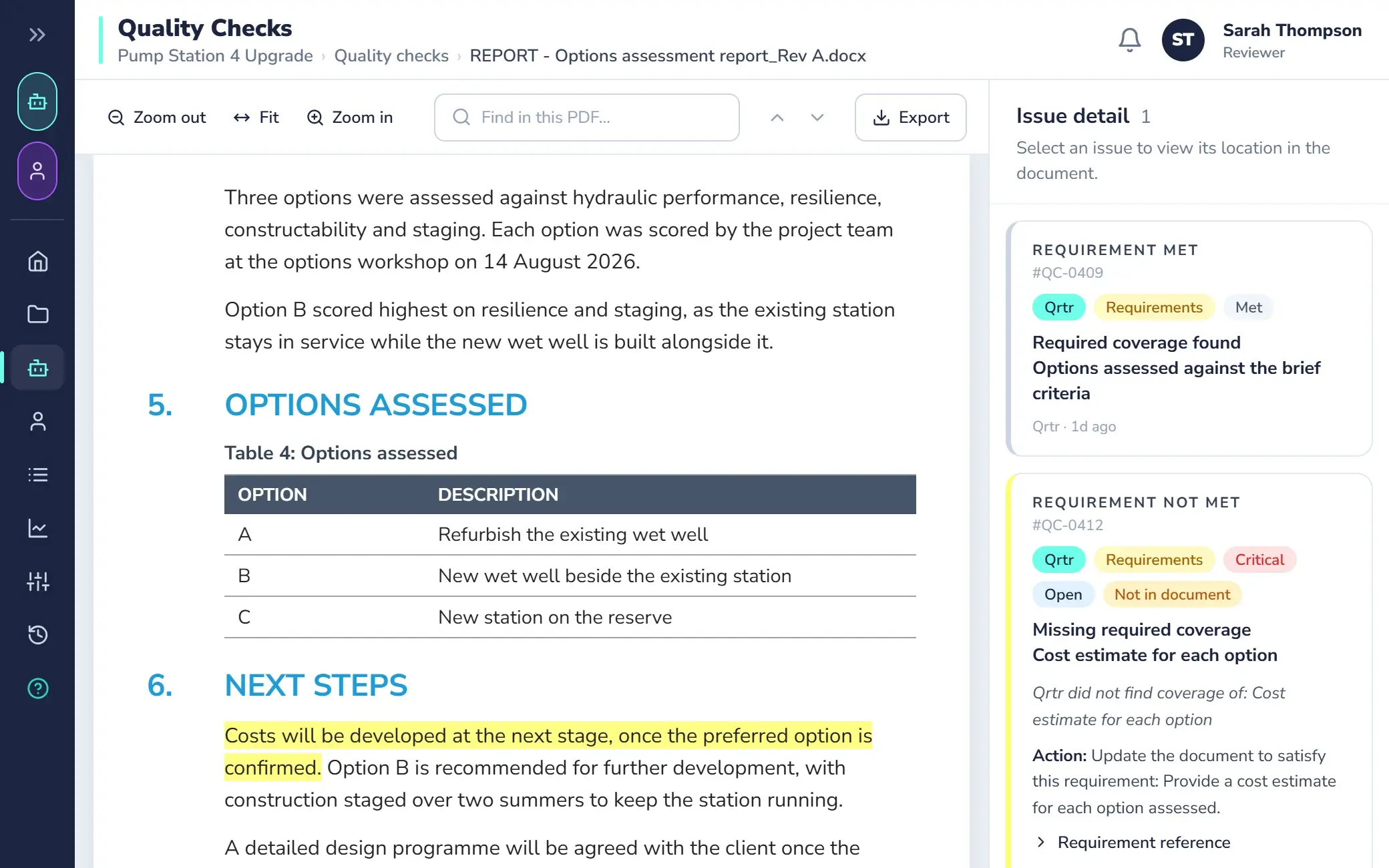 Qrtr Check results beside the report, with Met and Not met requirements and the evidence passage highlighted.