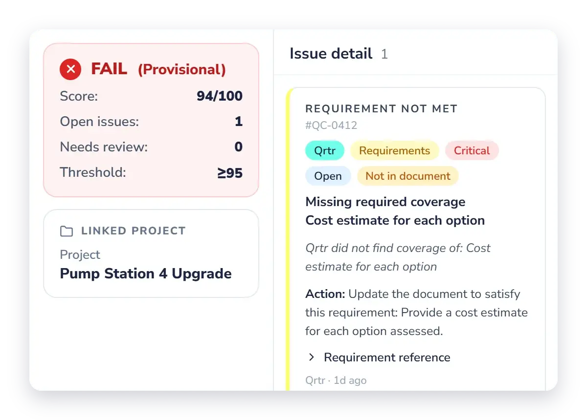A consultant running a Qrtr Check against the client's Quality Profile, with Met and Not met results.