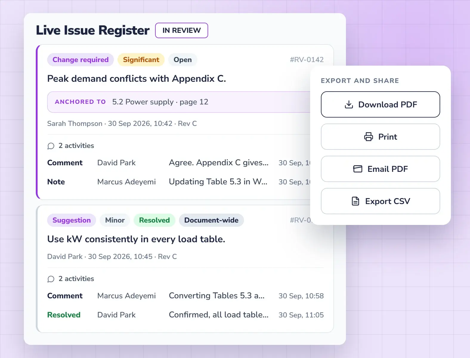 A client team reviewing a consultant's report in the browser and exporting the register as PDF or CSV.
