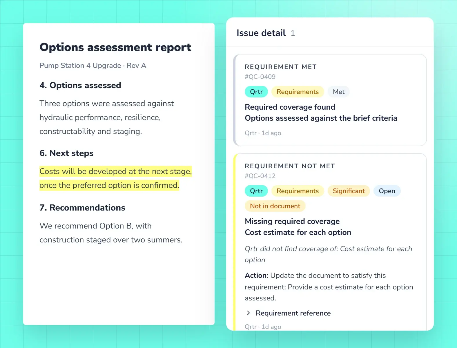 A consultant's report checked against the client's Quality Profile, with one Not met item flagged.