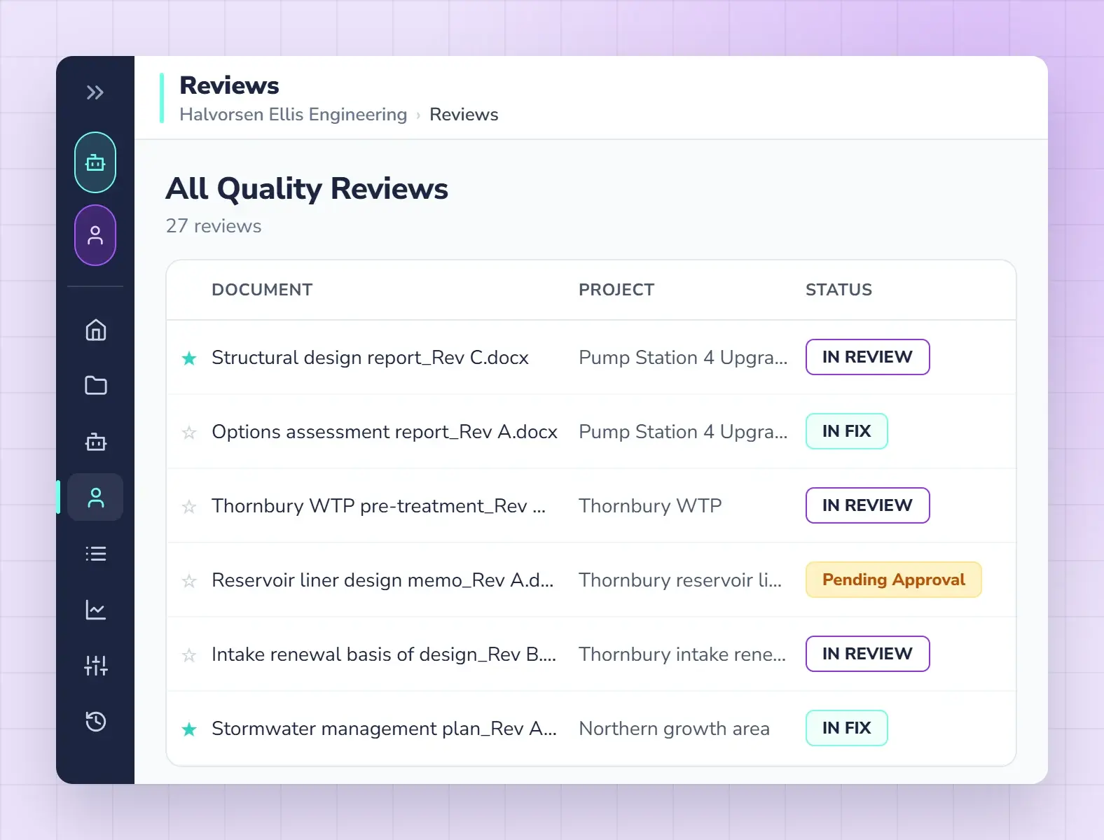 Several deliverables in progress for one team, with stage, owner and open issues for each report.