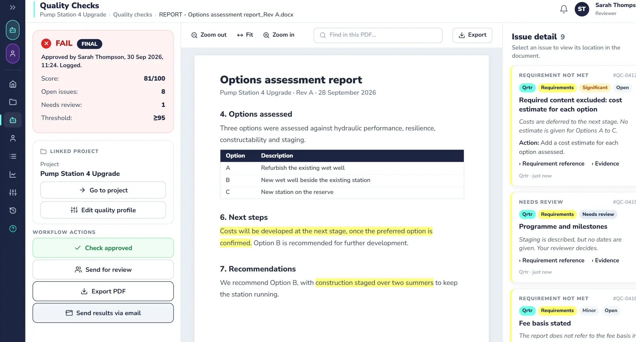 Qrtr Check assessing a report against the client brief, with the evidence for each requirement.