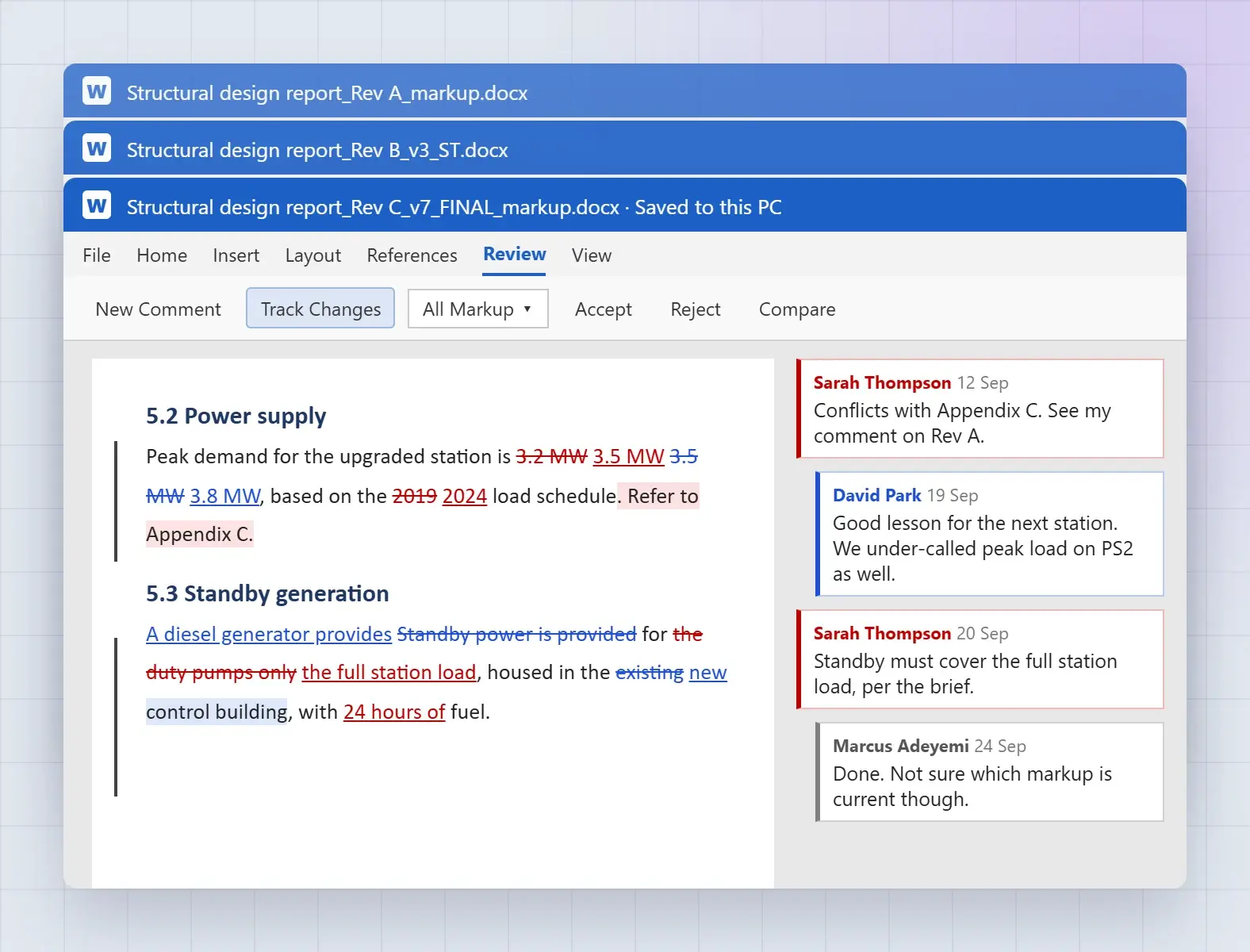 A Word file crowded with tracked changes and comment balloons, used as a QA record.