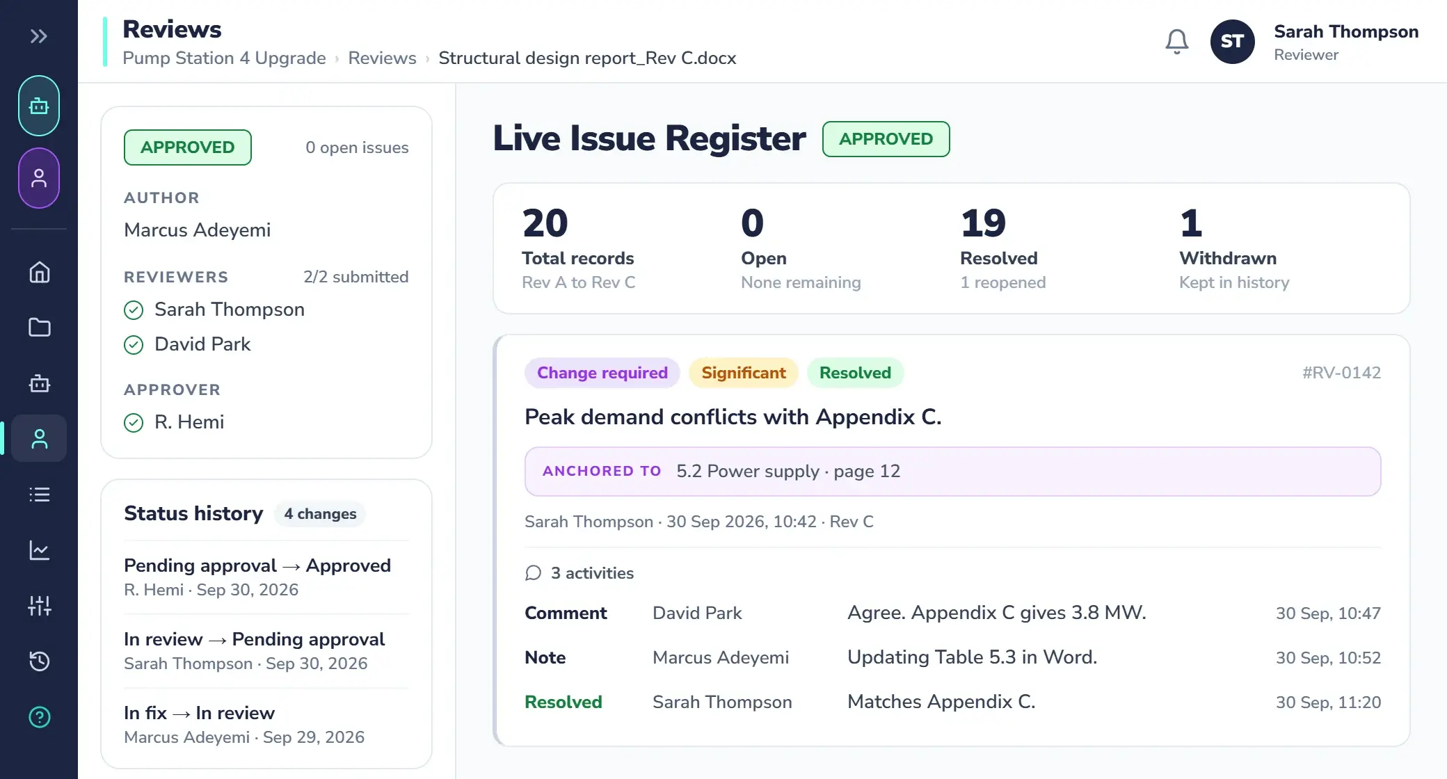 The deliverable view for a structural design report in Qrtr: author, reviewers and approver with their status, the Live Issue Register summary and the sign-off record.